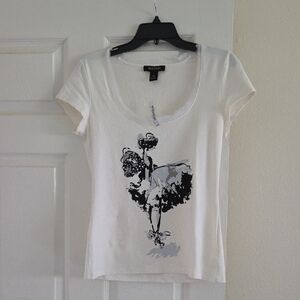 Topshop Black and White Fitted Graphic Cap Sleeve Tee